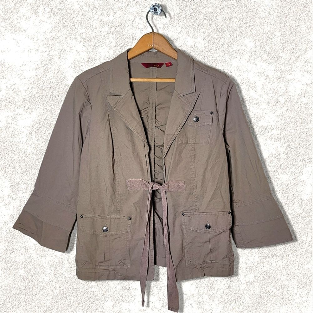 G.I.L.I Tan Long Sleeve Ruched Untility Jacket w/ Tie Closure